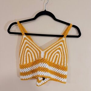 QED London yellow and white striped crochet crop top